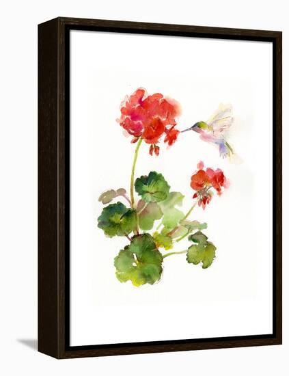 Hummingbird with Geranium, 2015-John Keeling-Framed Premier Image Canvas