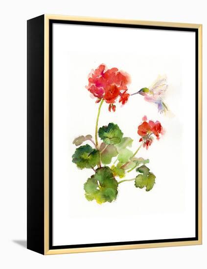 Hummingbird with Geranium, 2015-John Keeling-Framed Premier Image Canvas