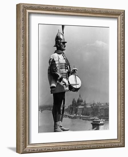 Hungarian Royal Guardsman in Gala-Uniform, St. Gellert Hill, Overlooking Budapest and Royal Castle-null-Framed Photographic Print