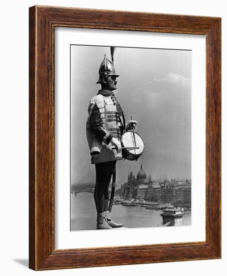 Hungarian Royal Guardsman in Gala-Uniform, St. Gellert Hill, Overlooking Budapest and Royal Castle-null-Framed Photographic Print