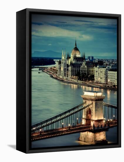 Hungary, Budapest, Parliament Buildings, Chain Bridge and River Danube-Michele Falzone-Framed Premier Image Canvas
