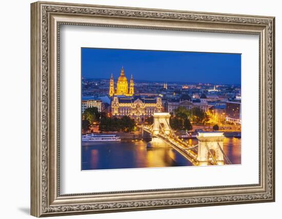 Hungary, Budapest. Szechenyi Chain Bridge across the Danube River. illuminated at night-Tom Haseltine-Framed Photographic Print