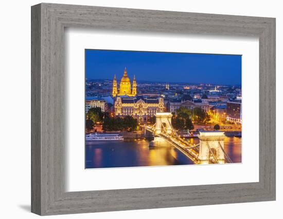 Hungary, Budapest. Szechenyi Chain Bridge across the Danube River. illuminated at night-Tom Haseltine-Framed Photographic Print