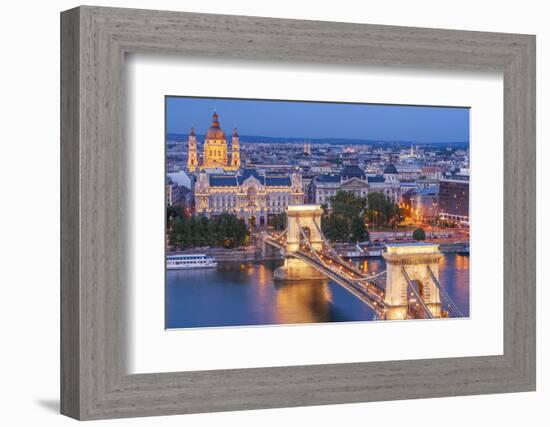 Hungary, Budapest. Szechenyi Chain Bridge across the Danube River. illuminated at night-Tom Haseltine-Framed Photographic Print