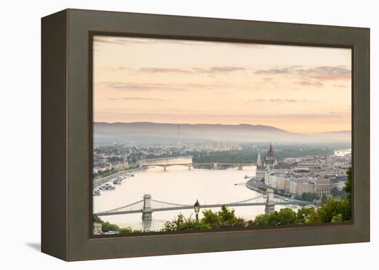 Hungary, Central Hungary, Budapest. Sunrise over Budapest and the Danube from Gellert Hill.-Nick Ledger-Framed Premier Image Canvas