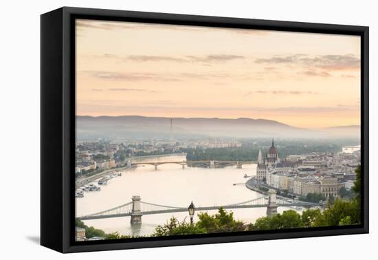 Hungary, Central Hungary, Budapest. Sunrise over Budapest and the Danube from Gellert Hill.-Nick Ledger-Framed Premier Image Canvas
