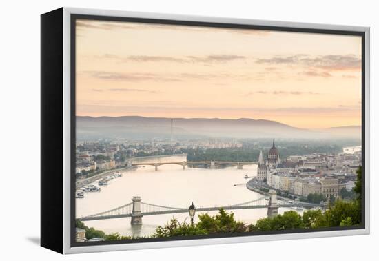 Hungary, Central Hungary, Budapest. Sunrise over Budapest and the Danube from Gellert Hill.-Nick Ledger-Framed Premier Image Canvas