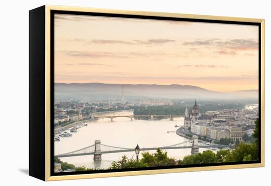 Hungary, Central Hungary, Budapest. Sunrise over Budapest and the Danube from Gellert Hill.-Nick Ledger-Framed Premier Image Canvas