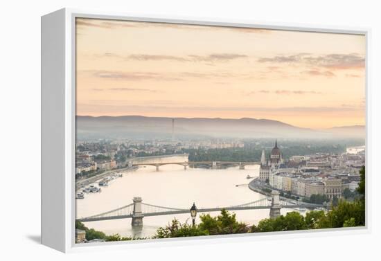 Hungary, Central Hungary, Budapest. Sunrise over Budapest and the Danube from Gellert Hill.-Nick Ledger-Framed Premier Image Canvas