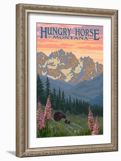 Hungry Horse, Montana - Bear Family and Spring Flowers-Lantern Press-Framed Art Print