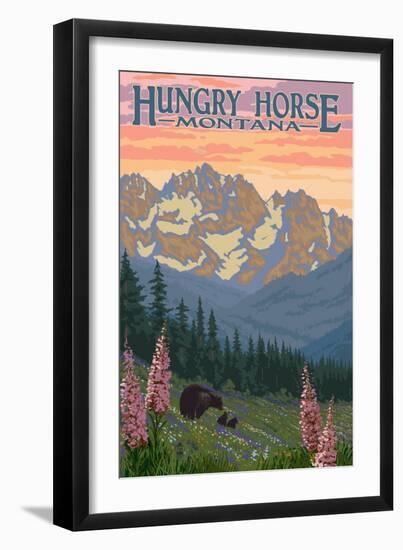 Hungry Horse, Montana - Bear Family and Spring Flowers-Lantern Press-Framed Art Print