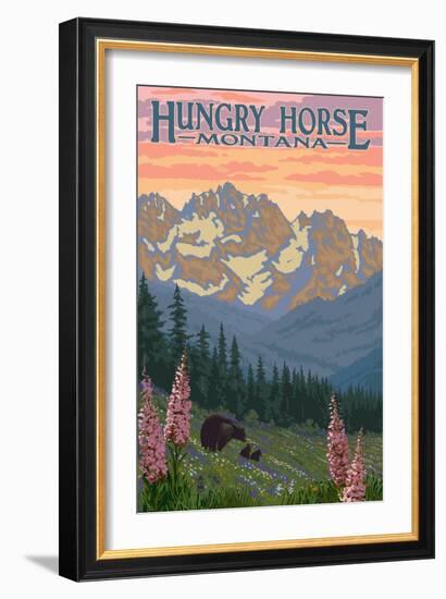 Hungry Horse, Montana - Bear Family and Spring Flowers-Lantern Press-Framed Art Print