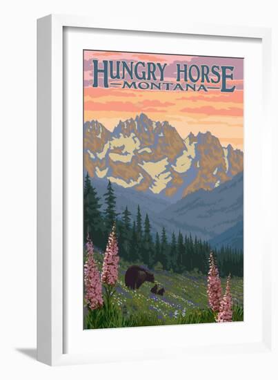 Hungry Horse, Montana - Bear Family and Spring Flowers-Lantern Press-Framed Premium Giclee Print