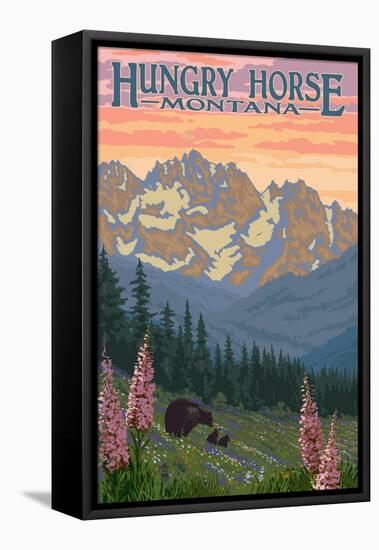 Hungry Horse, Montana - Bear Family and Spring Flowers-Lantern Press-Framed Stretched Canvas