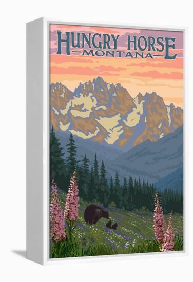 Hungry Horse, Montana - Bear Family and Spring Flowers-Lantern Press-Framed Stretched Canvas