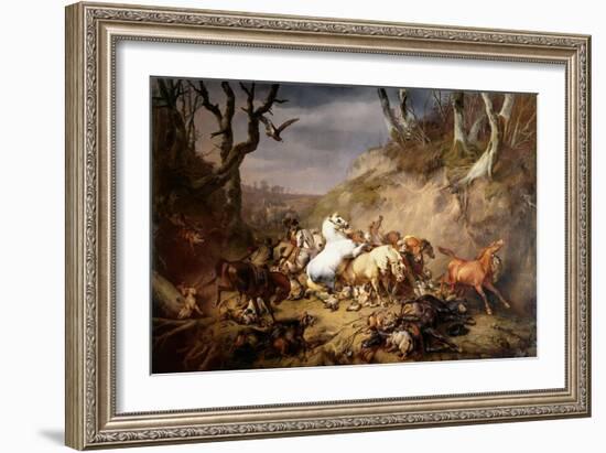 Hungry Wolves Attack a Group of Riders, by Eugene Joseph Verboeckhoven, 1836-Eugene Joseph Verboeckhoven-Framed Art Print