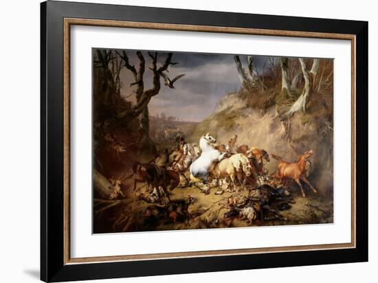 Hungry Wolves Attack a Group of Riders, by Eugene Joseph Verboeckhoven, 1836-Eugene Joseph Verboeckhoven-Framed Art Print