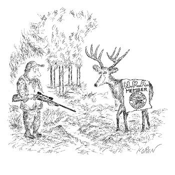 Hunter holding a rifle looks peevishly at a deer wearing a sign that reads… Hunter holding a rifle looks peevishly at a deer wearing a sign that reads…