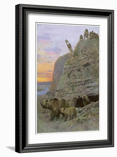 Hunters Attack a Family of Cave-Bears, Hoping to Take over their Home and Become Cave-Men-null-Framed Art Print