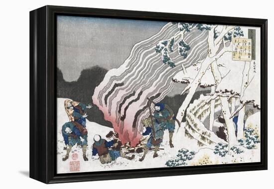 Hunters by a Fire in Snow', from the Series 'One Hundred Poems as Told by the Nurse', Circa 1835-Chokosai Eisho-Framed Premier Image Canvas