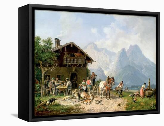 Hunters carousing in front of a hunting lodge near Partenkirchen-Heinrich Bürkel-Framed Premier Image Canvas