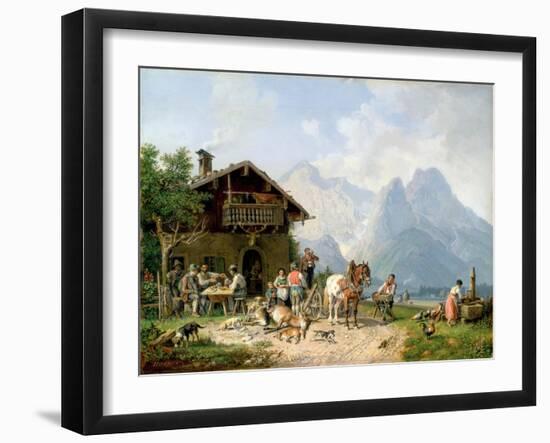 Hunters carousing in front of a hunting lodge near Partenkirchen-Heinrich Bürkel-Framed Giclee Print