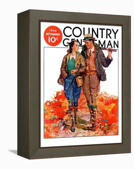 "Hunting Couple on Walk," Country Gentleman Cover, November 1, 1936-J. Hennesy-Framed Premier Image Canvas