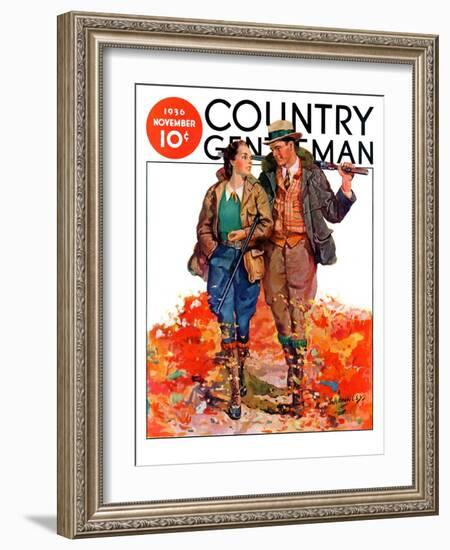 "Hunting Couple on Walk," Country Gentleman Cover, November 1, 1936-J. Hennesy-Framed Giclee Print