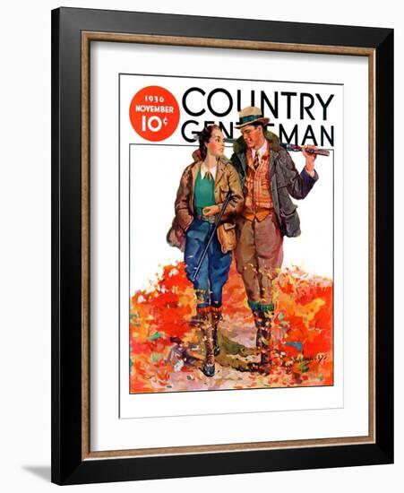 "Hunting Couple on Walk," Country Gentleman Cover, November 1, 1936-J. Hennesy-Framed Giclee Print