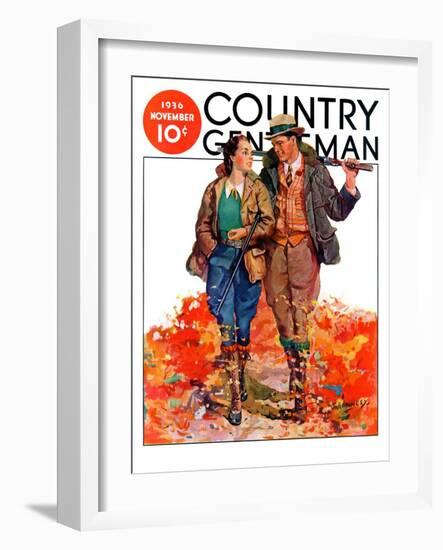 "Hunting Couple on Walk," Country Gentleman Cover, November 1, 1936-J. Hennesy-Framed Giclee Print