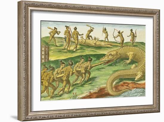 Hunting Crocodiles, from "Brevis Narratio" 1563-Jacques Le Moyne-Framed Giclee Print