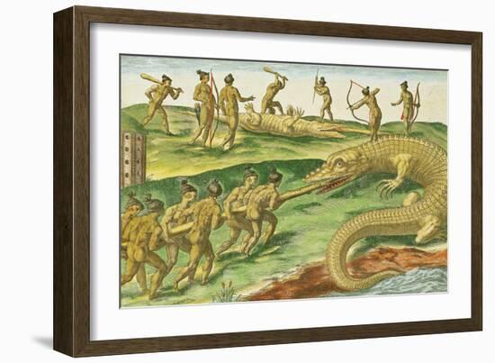 Hunting Crocodiles, from "Brevis Narratio" 1563-Jacques Le Moyne-Framed Giclee Print