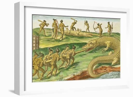 Hunting Crocodiles, from "Brevis Narratio" 1563-Jacques Le Moyne-Framed Giclee Print