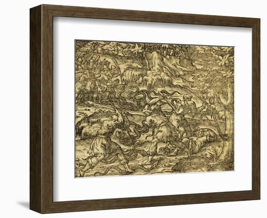 Hunting Snakes in Northern Bosnia, Engraving from Universal Cosmology-Andre Thevet-Framed Giclee Print