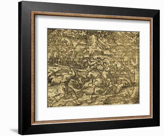 Hunting Snakes in Northern Bosnia, Engraving from Universal Cosmology-Andre Thevet-Framed Giclee Print