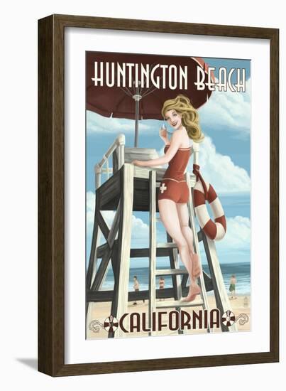 Huntington Beach, California - Lifeguard Pinup-Lantern Press-Framed Art Print