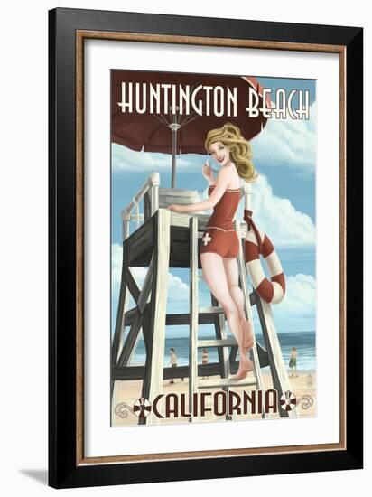 Huntington Beach, California - Lifeguard Pinup-Lantern Press-Framed Art Print