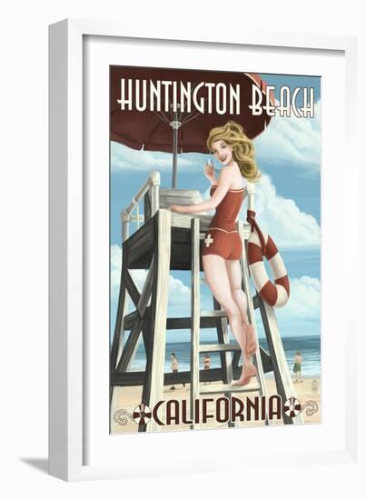 Huntington Beach, California - Lifeguard Pinup-Lantern Press-Framed Art Print