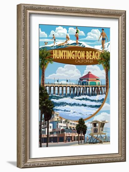 Huntington Beach, California - Montage Scenes-Lantern Press-Framed Art Print