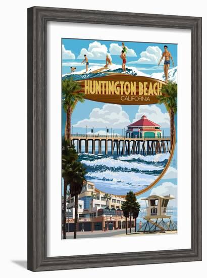 Huntington Beach, California - Montage Scenes-Lantern Press-Framed Art Print