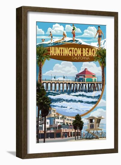 Huntington Beach, California - Montage Scenes-Lantern Press-Framed Art Print