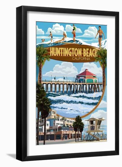 Huntington Beach, California - Montage Scenes-Lantern Press-Framed Art Print