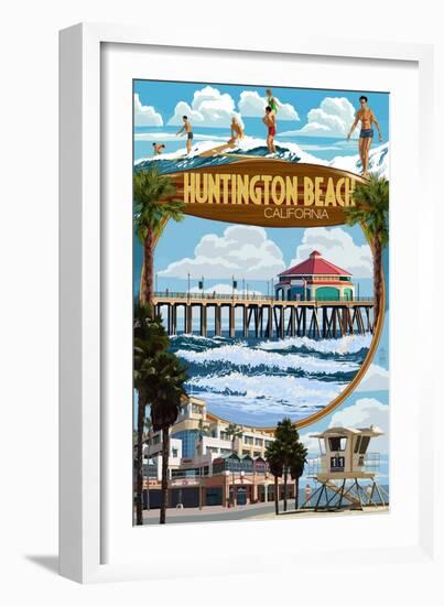 Huntington Beach, California - Montage Scenes-Lantern Press-Framed Art Print