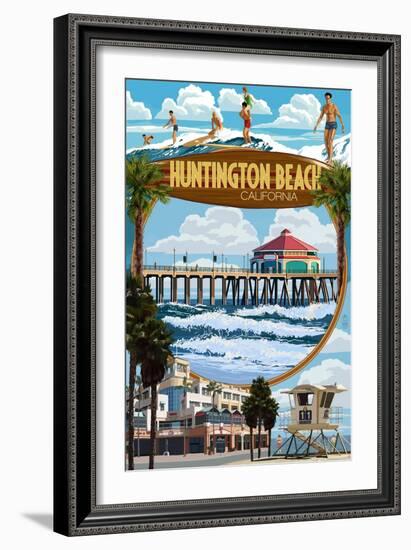 Huntington Beach, California - Montage Scenes-Lantern Press-Framed Art Print