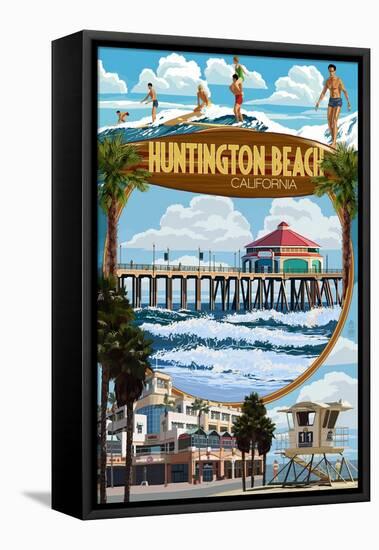 Huntington Beach, California - Montage Scenes-Lantern Press-Framed Stretched Canvas