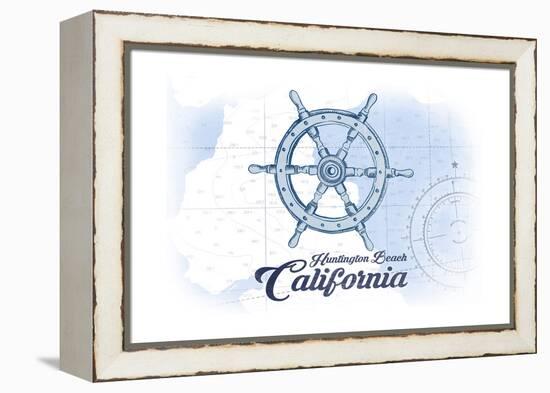 Huntington Beach, California - Ship Wheel - Blue - Coastal Icon-Lantern Press-Framed Stretched Canvas