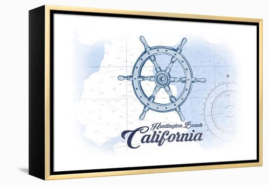 Huntington Beach, California - Ship Wheel - Blue - Coastal Icon-Lantern Press-Framed Stretched Canvas