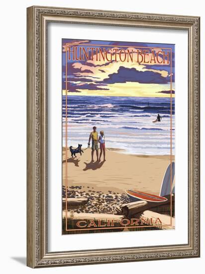 Huntington Beach, California - Sunset Beach Scene-Lantern Press-Framed Art Print