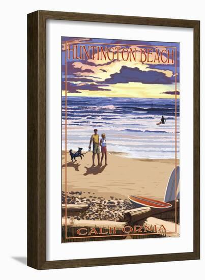 Huntington Beach, California - Sunset Beach Scene-Lantern Press-Framed Art Print