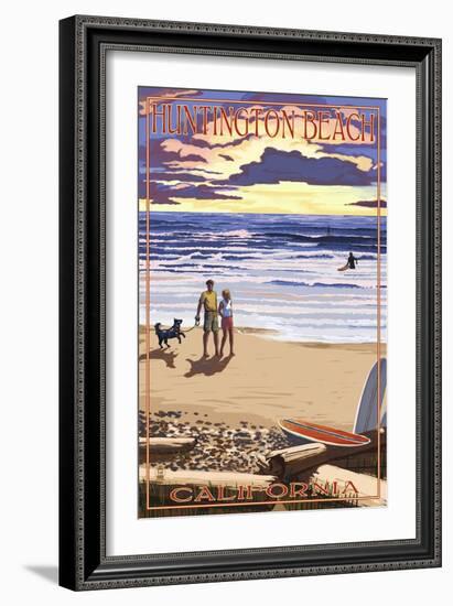Huntington Beach, California - Sunset Beach Scene-Lantern Press-Framed Art Print